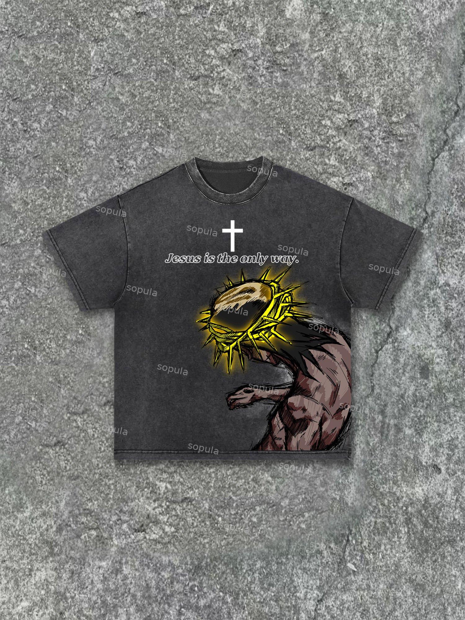 Praying Boy Print Acid Wash T-shirt Product Image