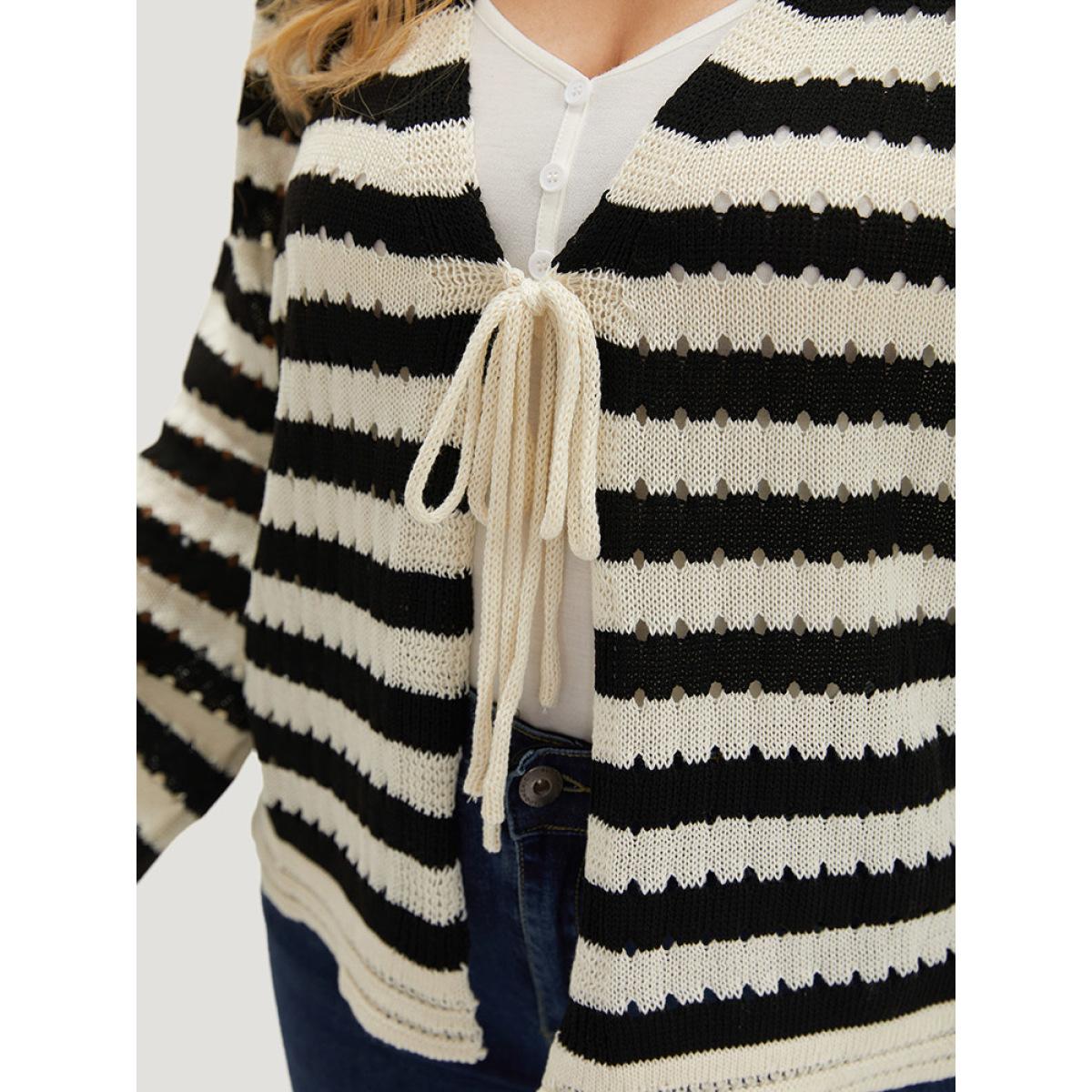 Plus Size Striped Ties Front Eyelet Lace Cardigan Black Women Casual Loose Long Sleeve Dailywear Cardigans BloomChic 26/4X Product Image