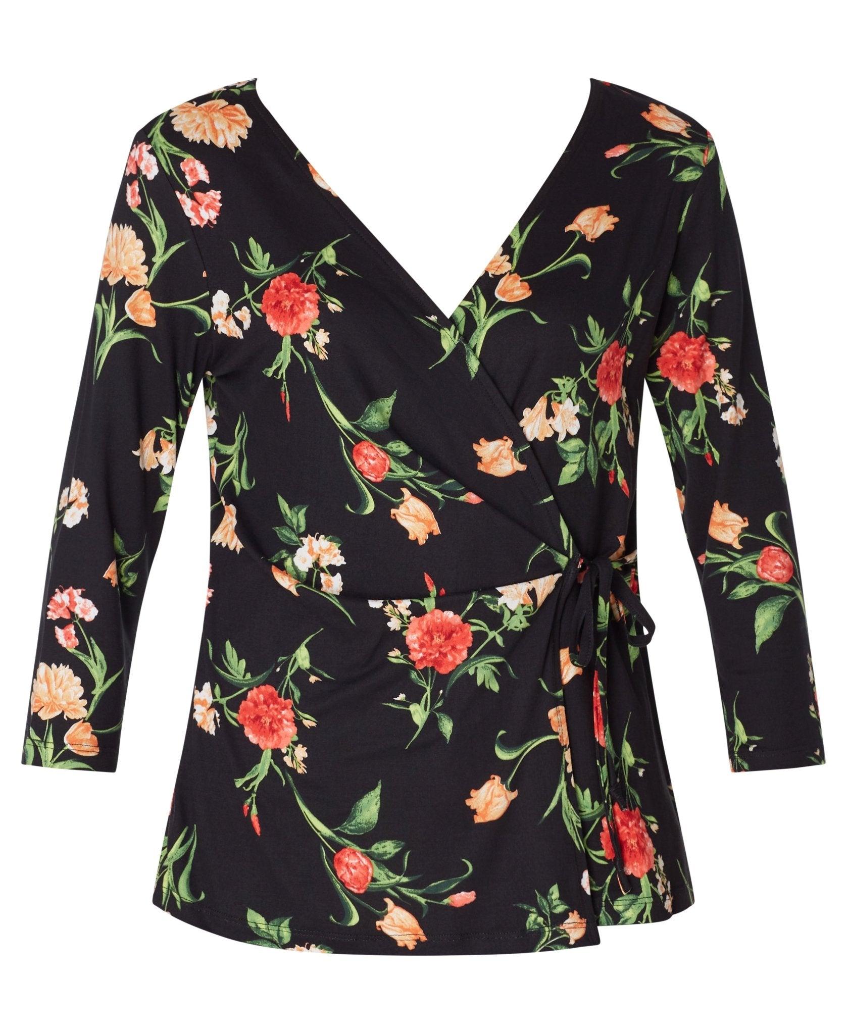 Inner Beauty 3/4 Sleeve Surplice Front V-Neck Black Floral Top Product Image