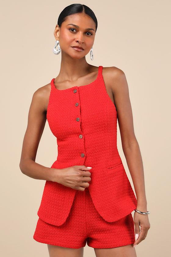 Mariette Red Knit Button-Front Vest Top Product Image