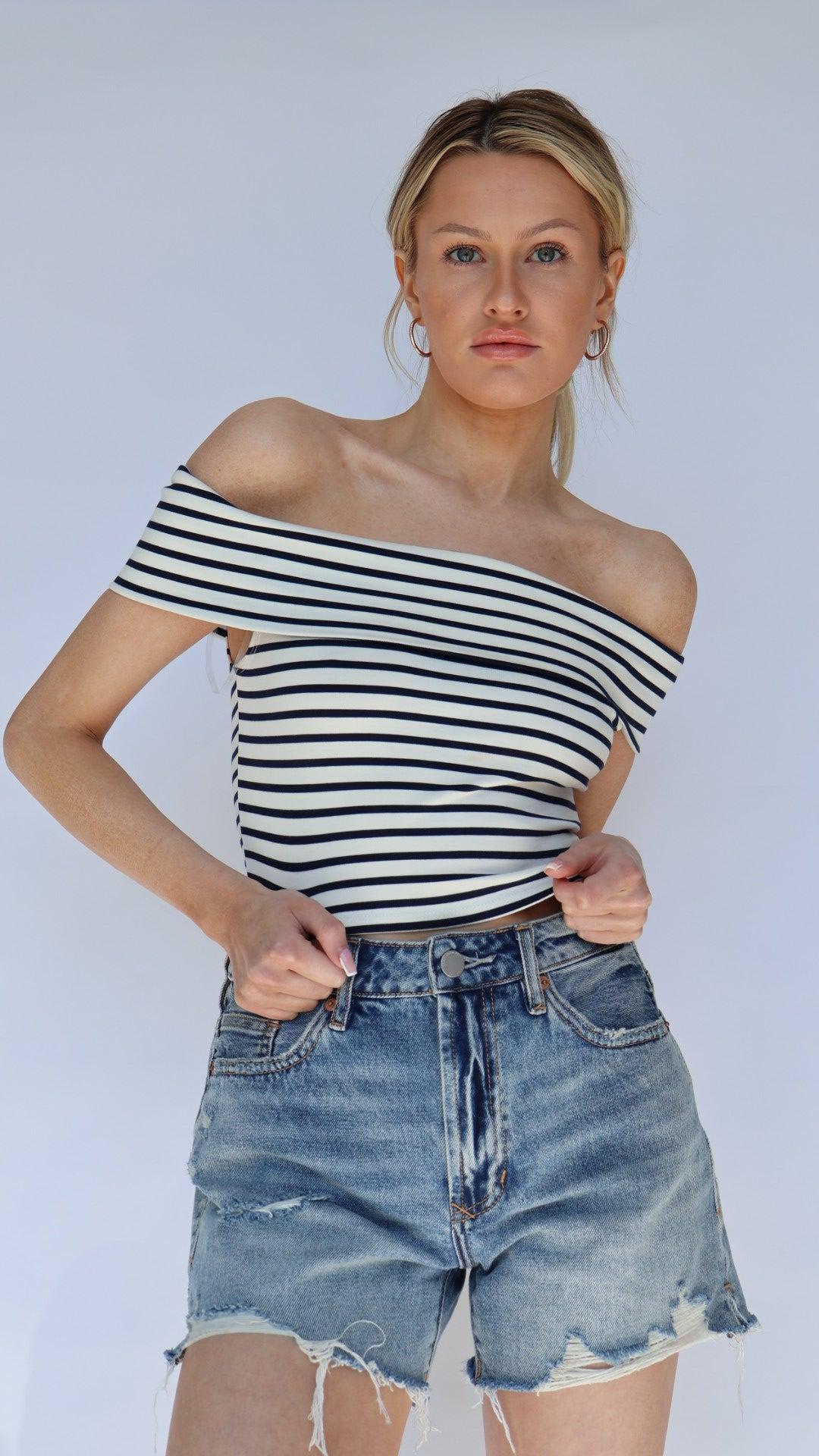 Cropped Stripe Off Shoulder Top Product Image