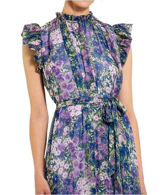 Mac Duggal Mock Neck Ruffle Shoulder Floral Printed Chiffon Maxi Dress Product Image
