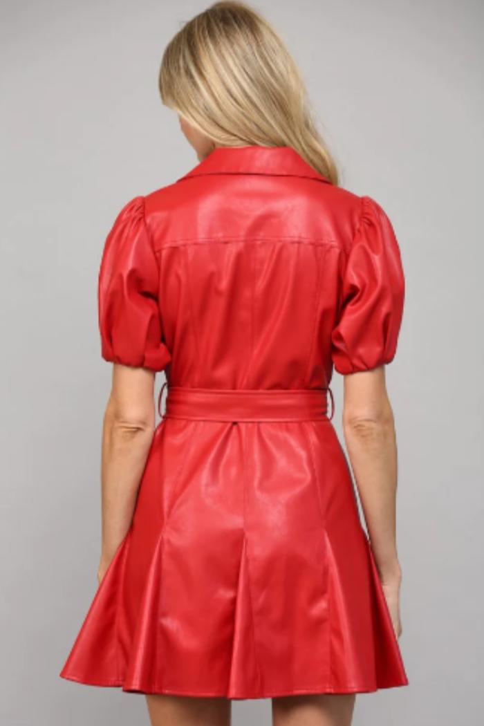 Vegan Leather Red Puff Sleeve Dress Product Image
