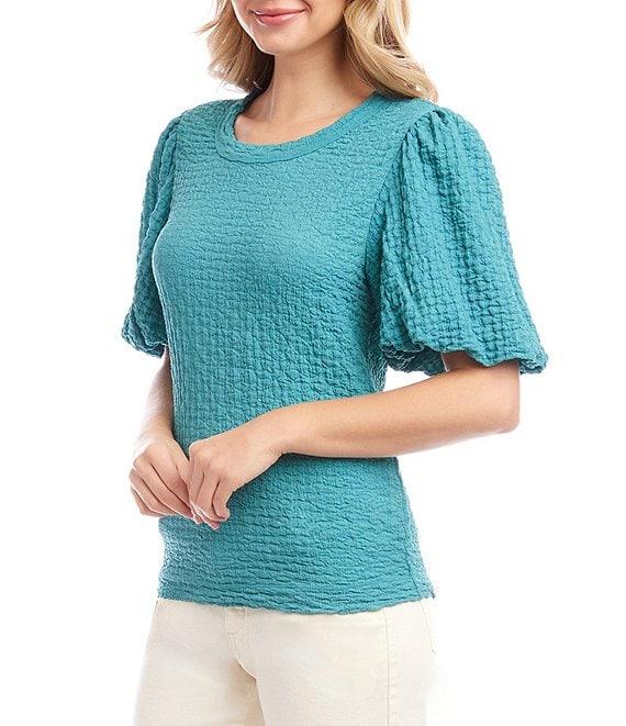 Karen Kane Petite Size Bubble Textured Crew Neck Elbow Puff Sleeve Top Product Image