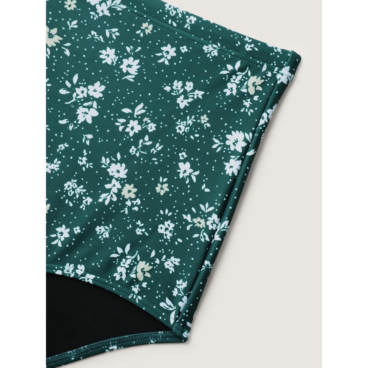 Plus Size Ditsy Floral Print Drawstring Swim Dress Women's Swimwear DarkGreen Resort Bodycon Overlap Collar High stretch Curve Swim Dresses BloomChic 10/M Product Image