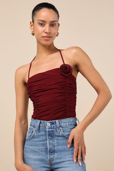 Elyas Burgundy Mesh Ruched Rosette Backless Bodysuit Product Image