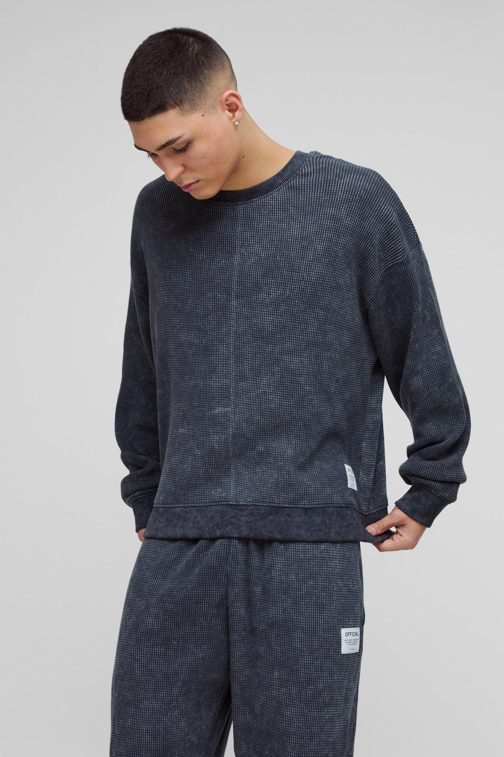 Oversized Acid Wash Heavy Waffle Tracksuit With Woven Tab | boohooMAN USA Product Image