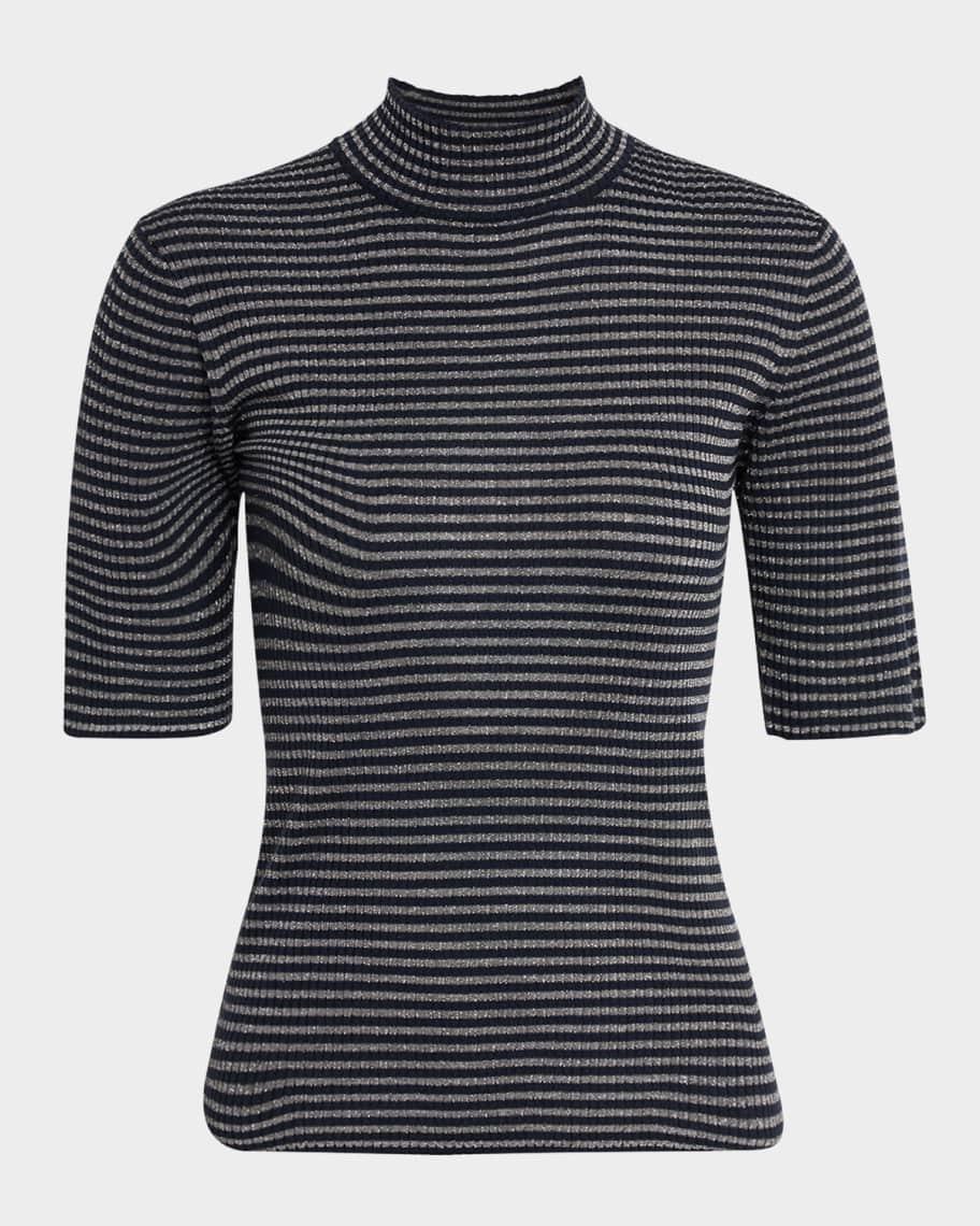 Shimmering Striped Rib Cashmere Mock-Neck Sweater Product Image