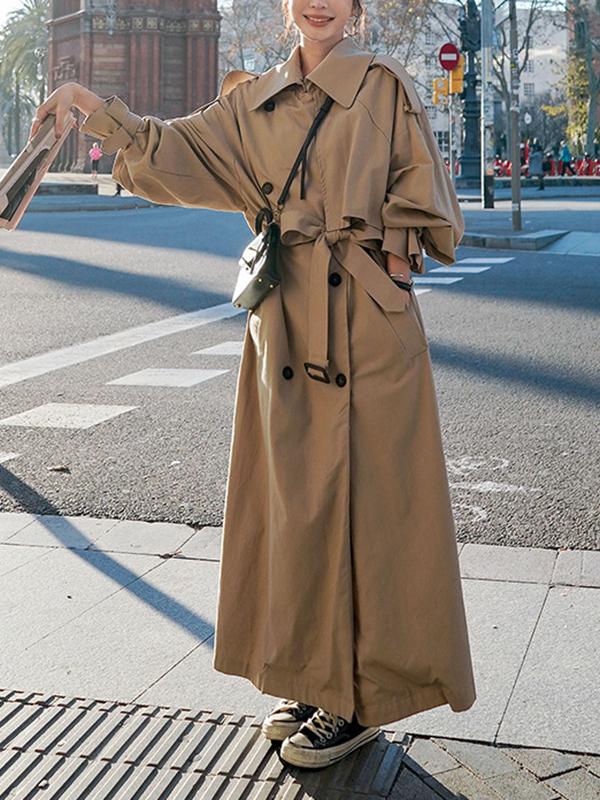 Long Sleeves Loose Buckle Buttoned Split-Back Tied Waist Lapel Outerwear Trench Coats Product Image