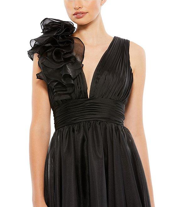 Mac Duggal Double V-Neck Ruffle Shoulder A-line Midi Dress Product Image