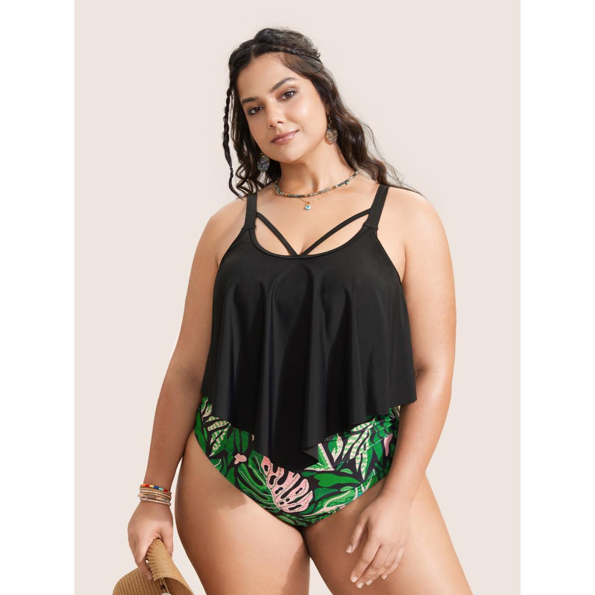 Plus Size Tropical Print Patchwork Crisscross One Piece Swimsuit Women's Swimwear Black Beach Gathered Curve Bathing Suits High stretch One Pieces BloomChic 26/4X Product Image