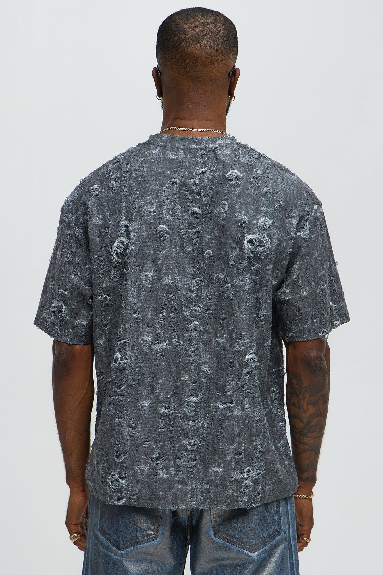 Distressed Relaxed Short Sleeve Tee Shirt - Charcoal Male Product Image