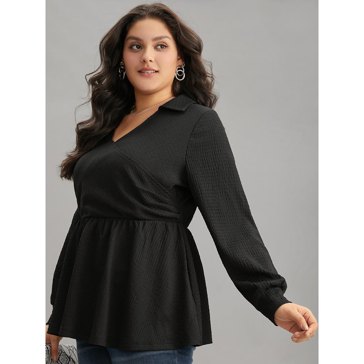 Plus Size Black Plain Wrap Elastic Waist Texture Jacquard Blouse Women Office Long Sleeve Overlap Collar Office Blouses BloomChic 28/5X Product Image