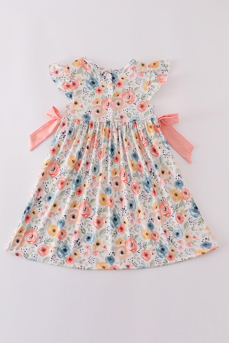 Floral crab embroidery bow ruffle dress Product Image