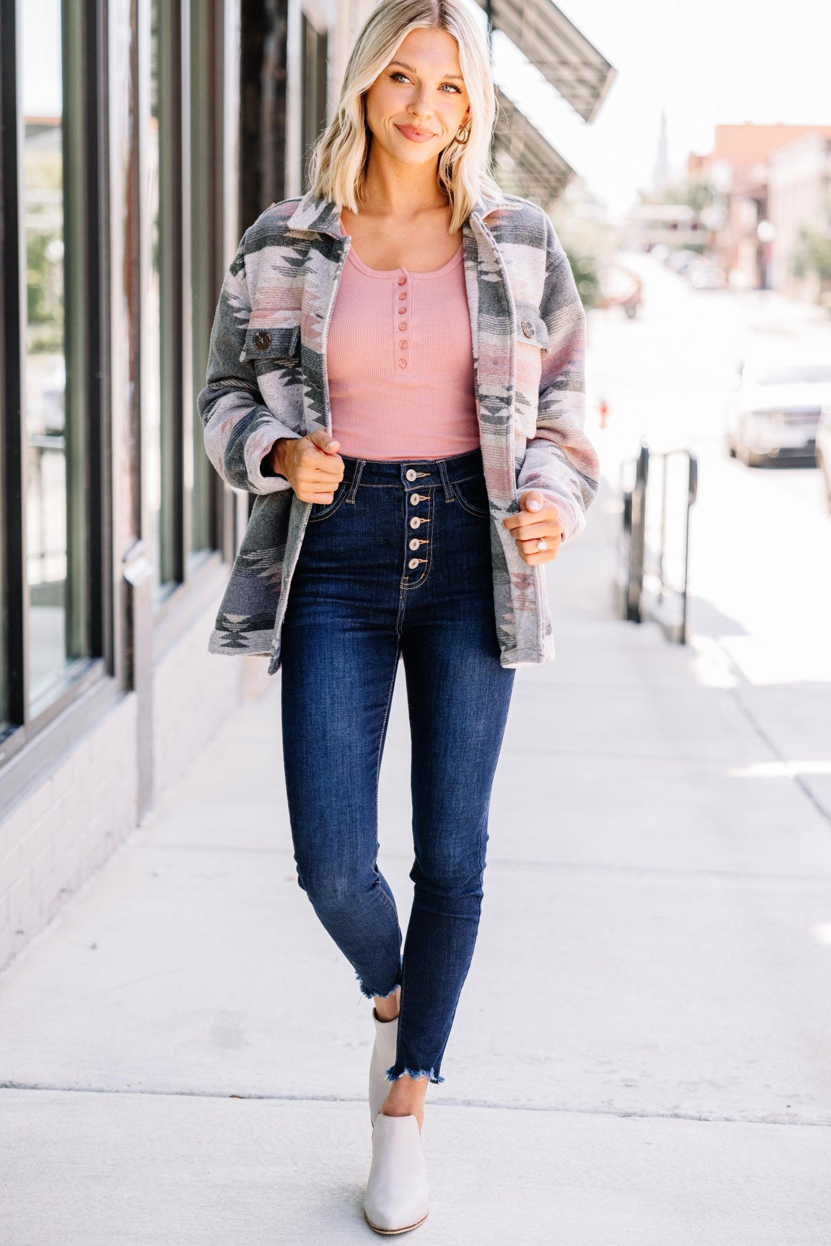 At Your Best Charcoal Gray Aztec Shacket Female Product Image