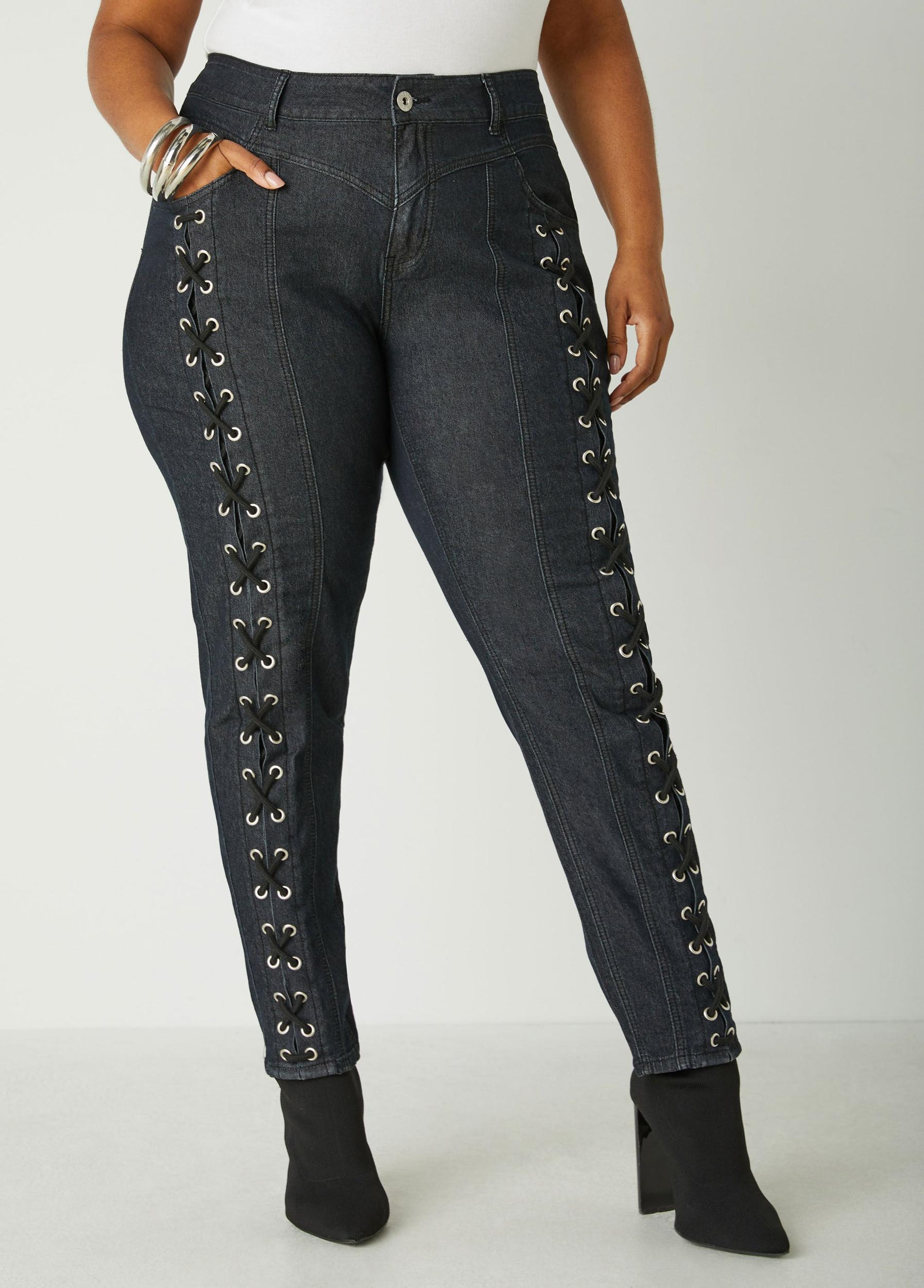 Laced Up Mid Rise Skinny Jeans Product Image