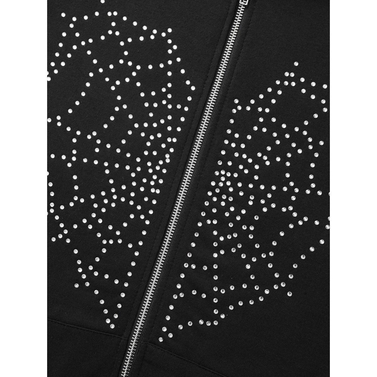 Plus Size Diamond Embellished Spiderweb Zipper Sweatshirt Women Black Casual Rhinestone detailing Loose Hooded Everyday Sweatshirts BloomChic 26/4X Product Image