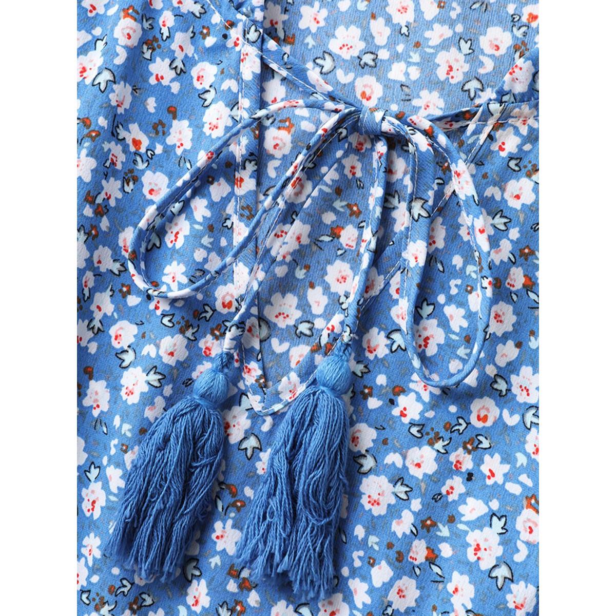 Plus Size Ditsy Floral Print Stretchy Waist Midi Dress Skyblue Women Notched collar Cap Sleeve Curvy BloomChic 22-24/3X Product Image