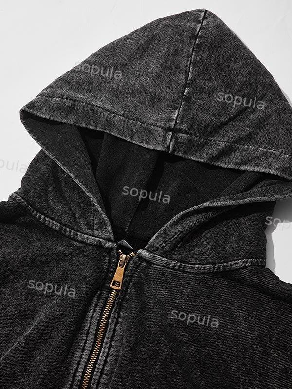 Sopula Flame Jesus Silhouette Vintage Graphic Washed Zip-Up Hoodie Product Image