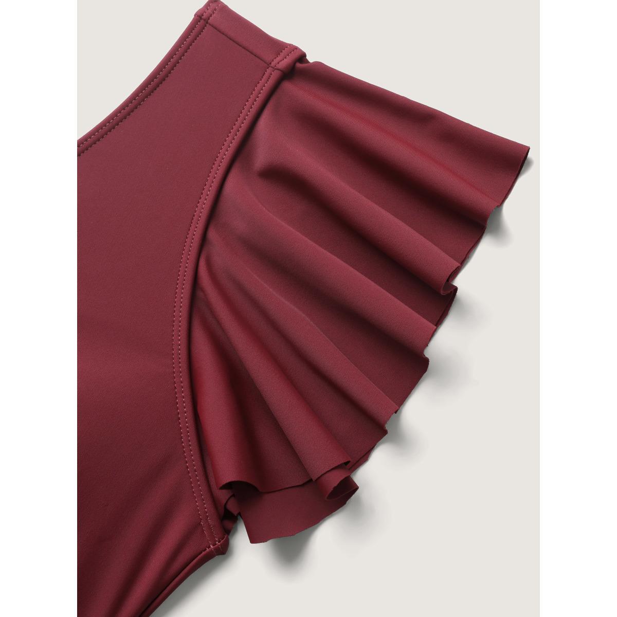 Plus Size Pleated Waist Flutter Sleeve Swim Dress Women's Swimwear Deepred Resort Bodycon V-neck High stretch Curve Swim Dresses BloomChic 14-16/1X Product Image