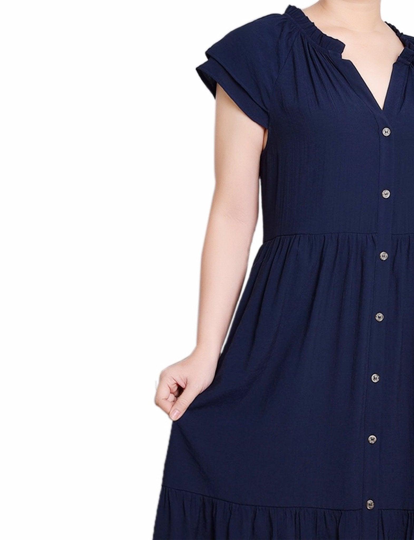 Navy Short Sleeve Slubbed Midi Dress Product Image