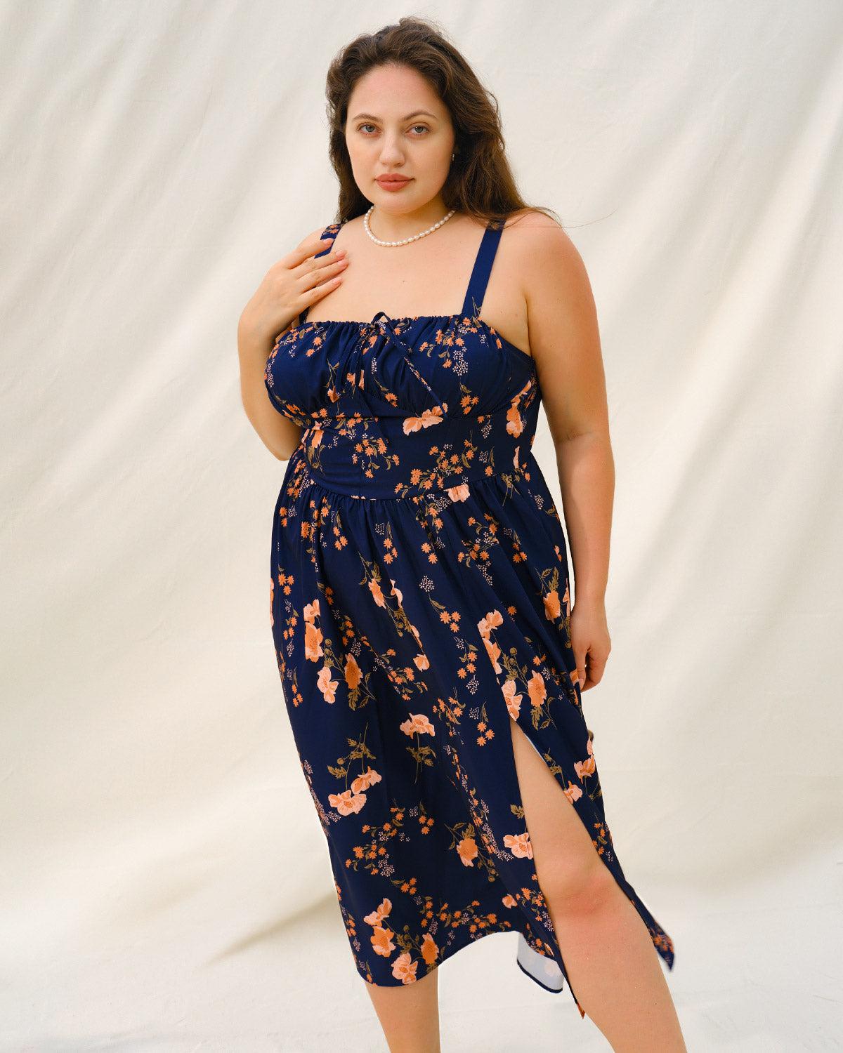 Navy Floral Ruched Plus Size Slip Midi Dress Product Image