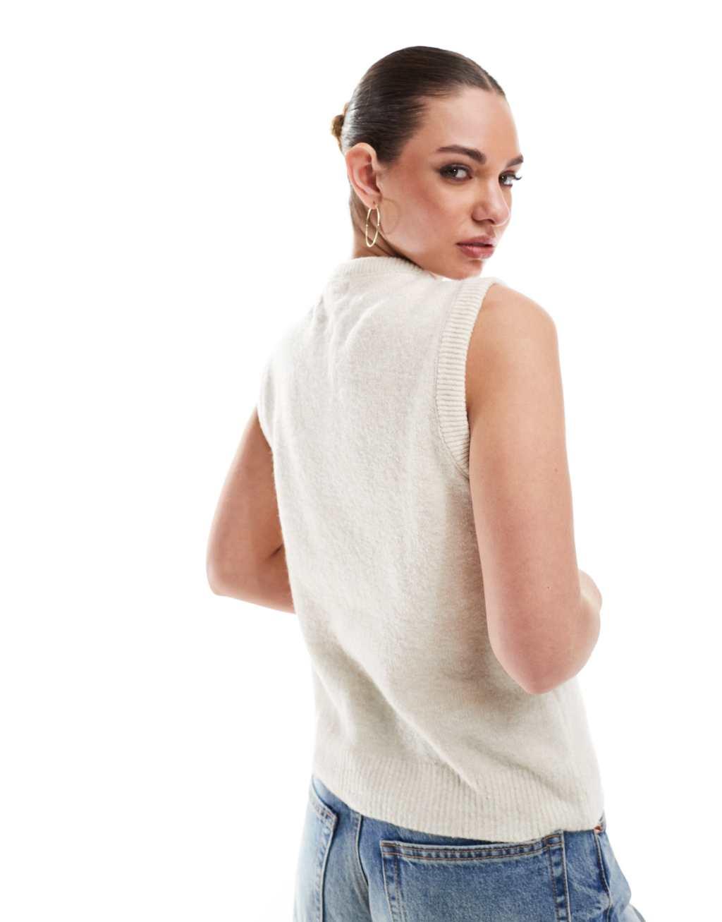 Stradivarius knit cardigan vest in ecru Product Image
