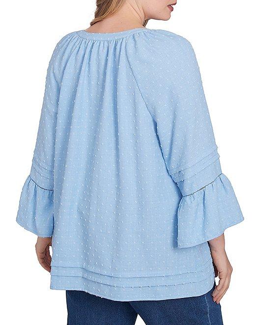 Ruby Rd. Plus Size Woven Embellished Trim Clip-Dot Mandarin Collar 3/4 Sleeve Button-Front Top Product Image