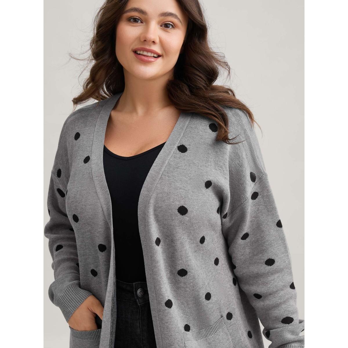 Plus Size Polka Dot Kimono Collar Patch Pocket Cardigan Mediumgray Women Leisure Loose Long Sleeve Casual Cardigans BloomChic 22-24/3X Product Image