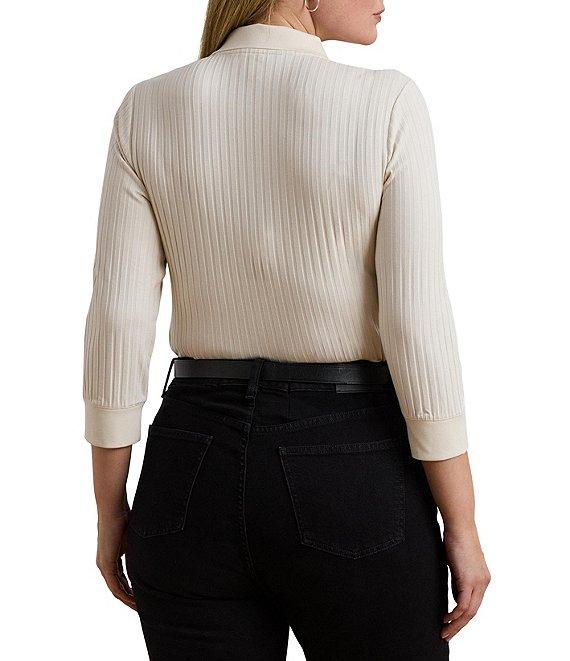 Lauren Ralph Lauren Plus Size Ribbed Knit Collar 3/4 Sleeve Polo Shirt Product Image