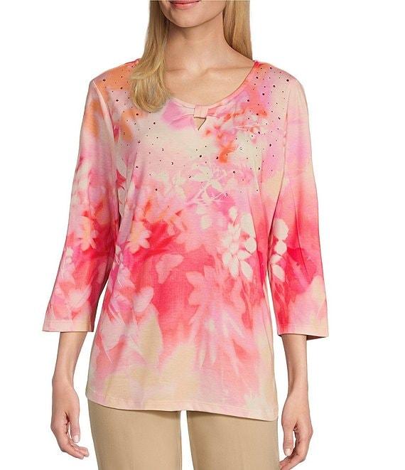 Allison Daley Ombre Floral Print 3/4 Sleeve Keyhole Neck Knot Knit Top Product Image