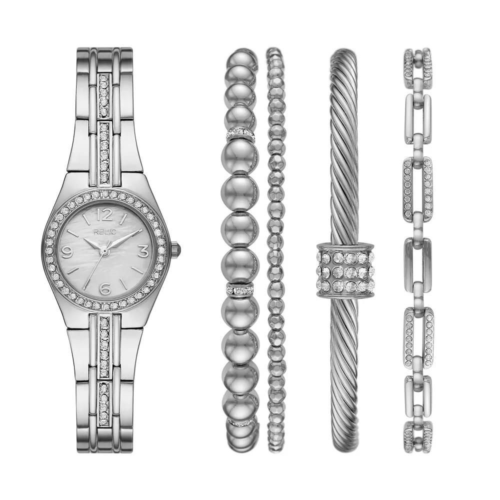 Relic by Fossil Women's Queen's Court Silver Tone Watch & Bracelet Set, Size: Small, White Product Image