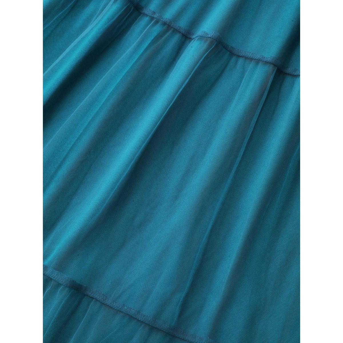 Plus Size Stretchy Waist Neck Tie Sheer Midi Dress Teal Women Flat collar with V-notch Short sleeve Curvy BloomChic 30/6X Product Image