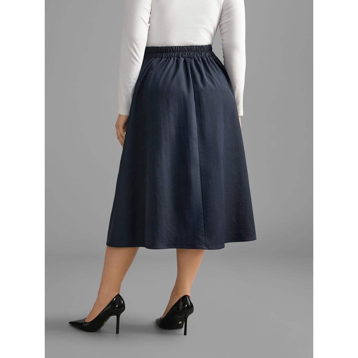 Plus Size Solid Buckle Detail Pocket Skirt Women Indigo Elegant Button Low stretch Slanted pocket Everyday Skirts BloomChic 12/L Product Image