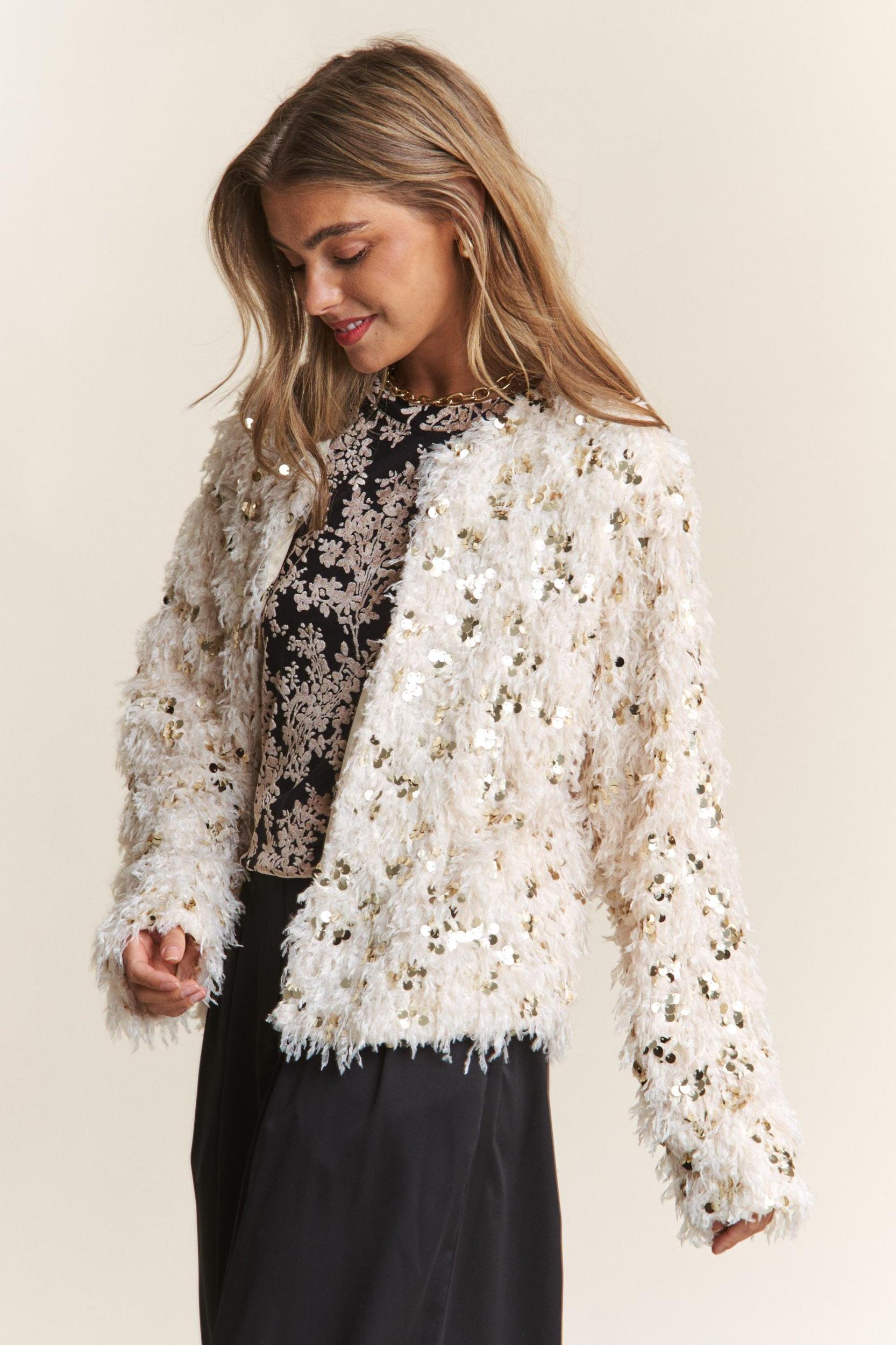 Casual Fuzzy Sequins Open Jacket Product Image