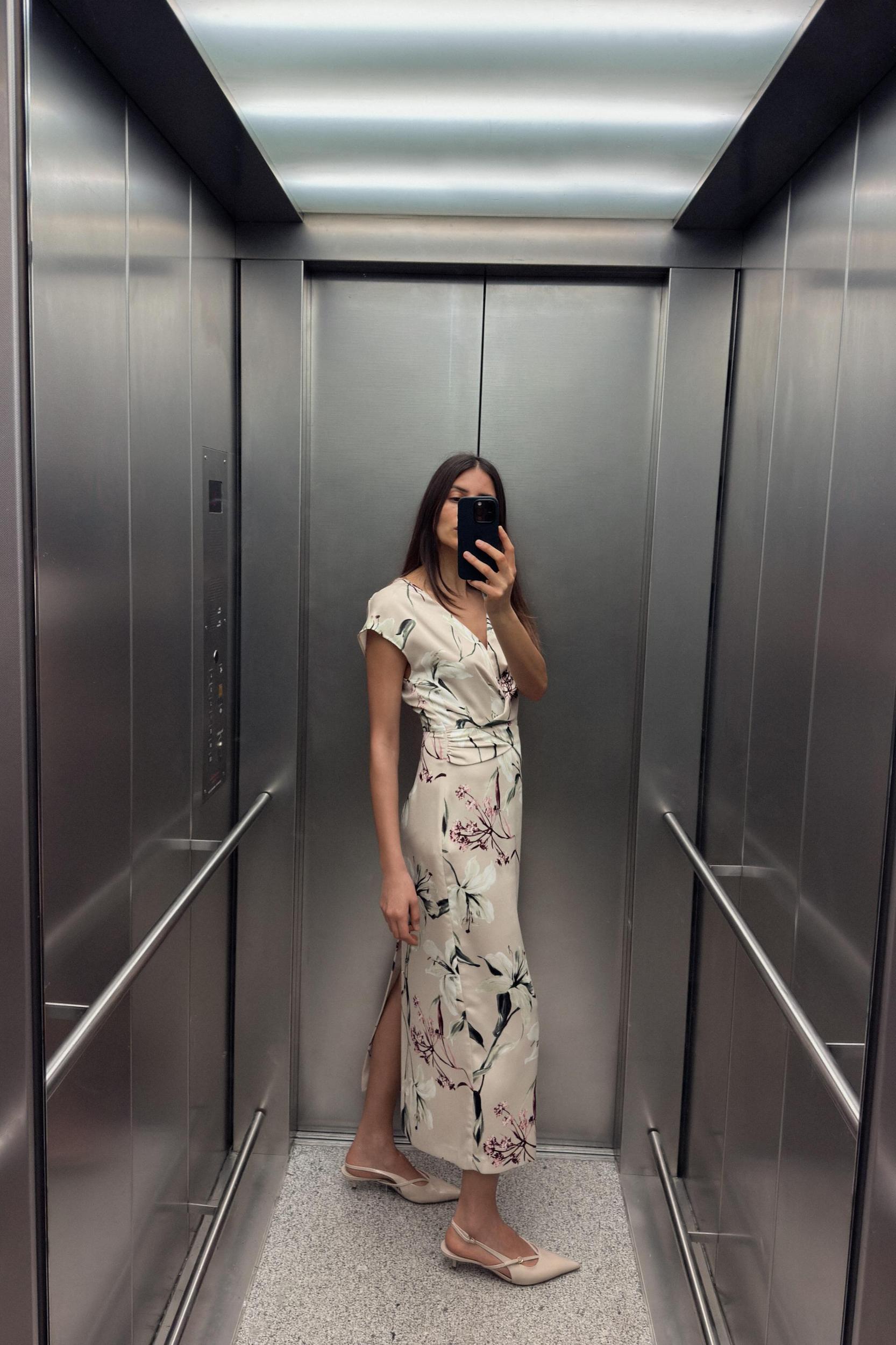 FLORAL PRINT SATIN EFFECT MIDI DRESS Product Image