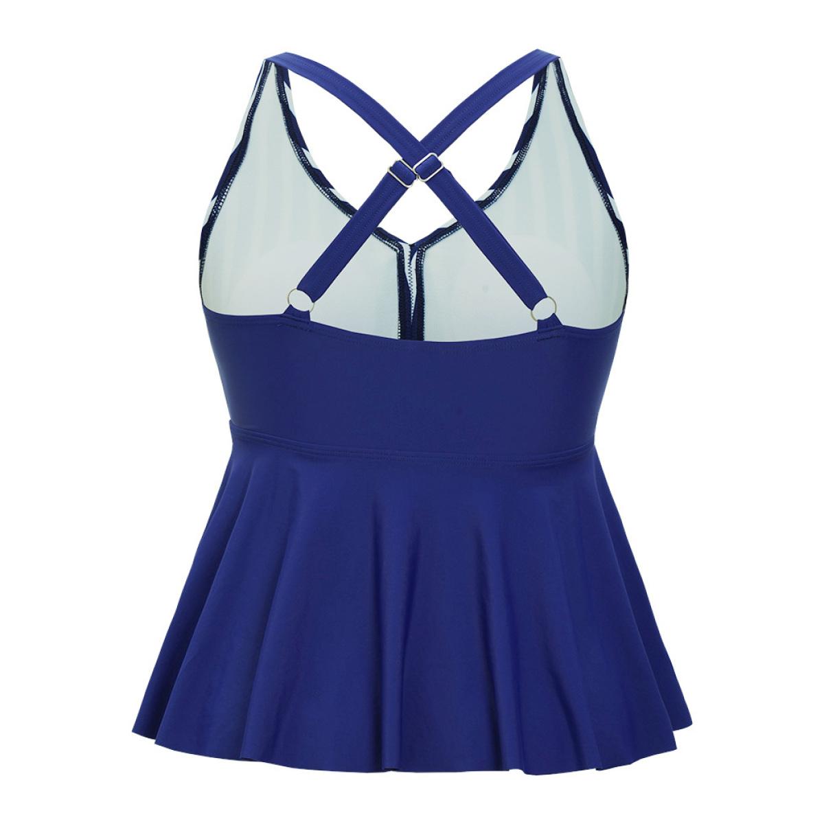 Plus Size Striped Contrast Crossover Ruffle Hem Tankini Top Women's Swimwear Navy Vacation Adjustable Straps High stretch Bodycon V-neck Curve Swim Tops BloomChic 26/4X Product Image