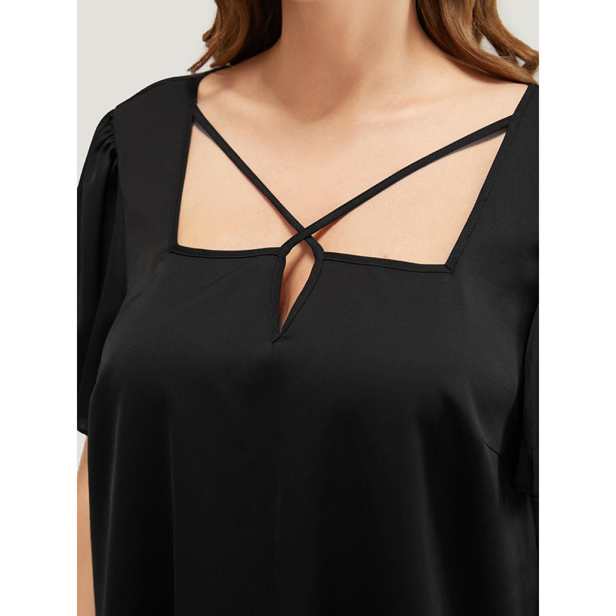 Plus Size Black Solid Crisscross Notched Square Neck Ruffle Sleeve Blouse Women Elegant Short sleeve Notched collar Dailywear Blouses BloomChic 10/M Product Image