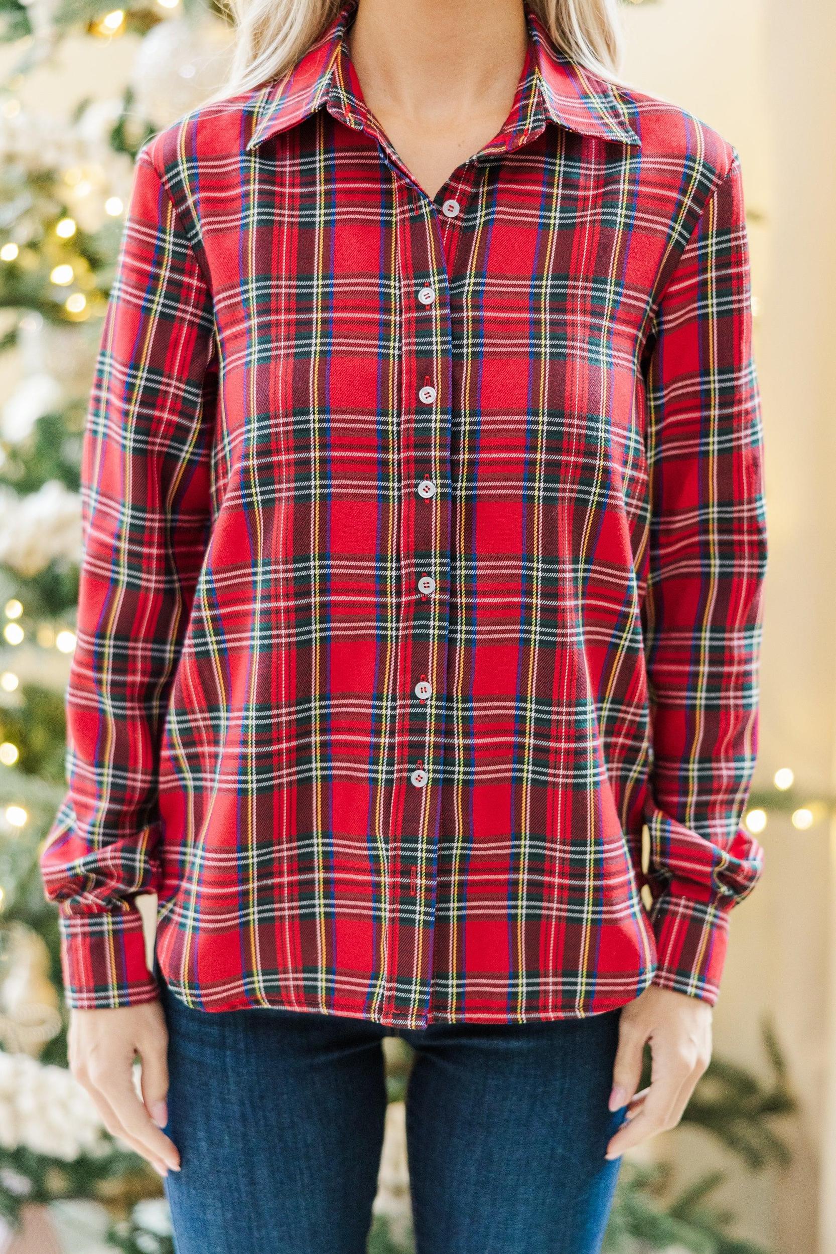 Just For You Red Tartan Plaid Button Down Blouse Female Product Image