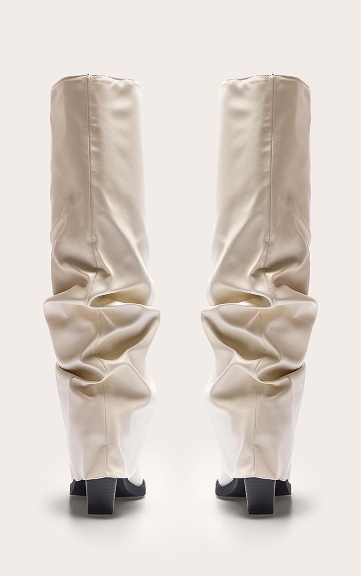 Cream Pu Point Toe Fold Over Block Heel Knee High Boots Product Image