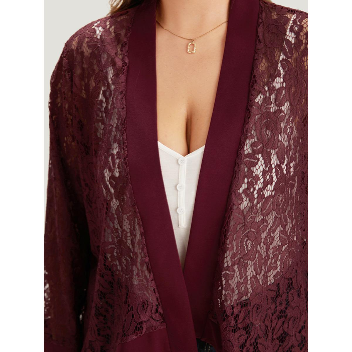 Plus Size Supersoft Essentials Crochet Lace Mesh Open Front Asymmetrical Hem Kimono Women Scarlet Casual Patchwork Loose Dailywear Kimonos BloomChic 26/4X Product Image