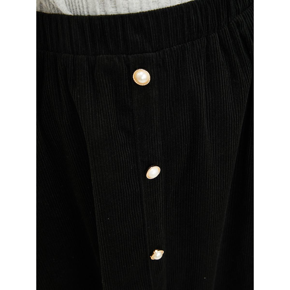 Plus Size Solid Button Detail Pocket Elastic Waist Corduroy Skirt Women Black Elegant Button No stretch Pocket Dailywear Skirts BloomChic 18-20/2X Product Image