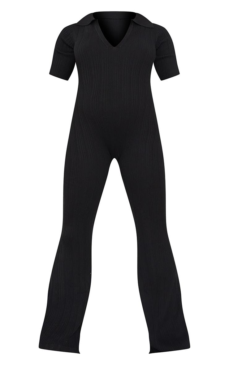 Maternity Black Knitted Rib Polo Short Sleeve Wide Leg Jumpsuit Product Image