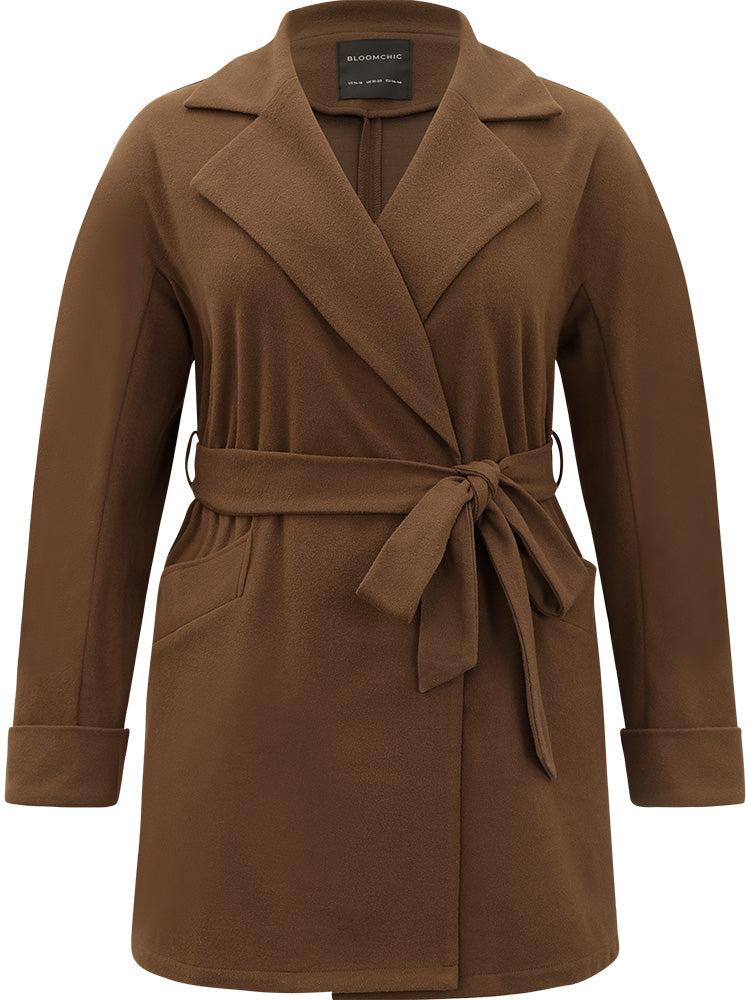 Plain Lapel Collar Pocket Belted Coat Female Product Image