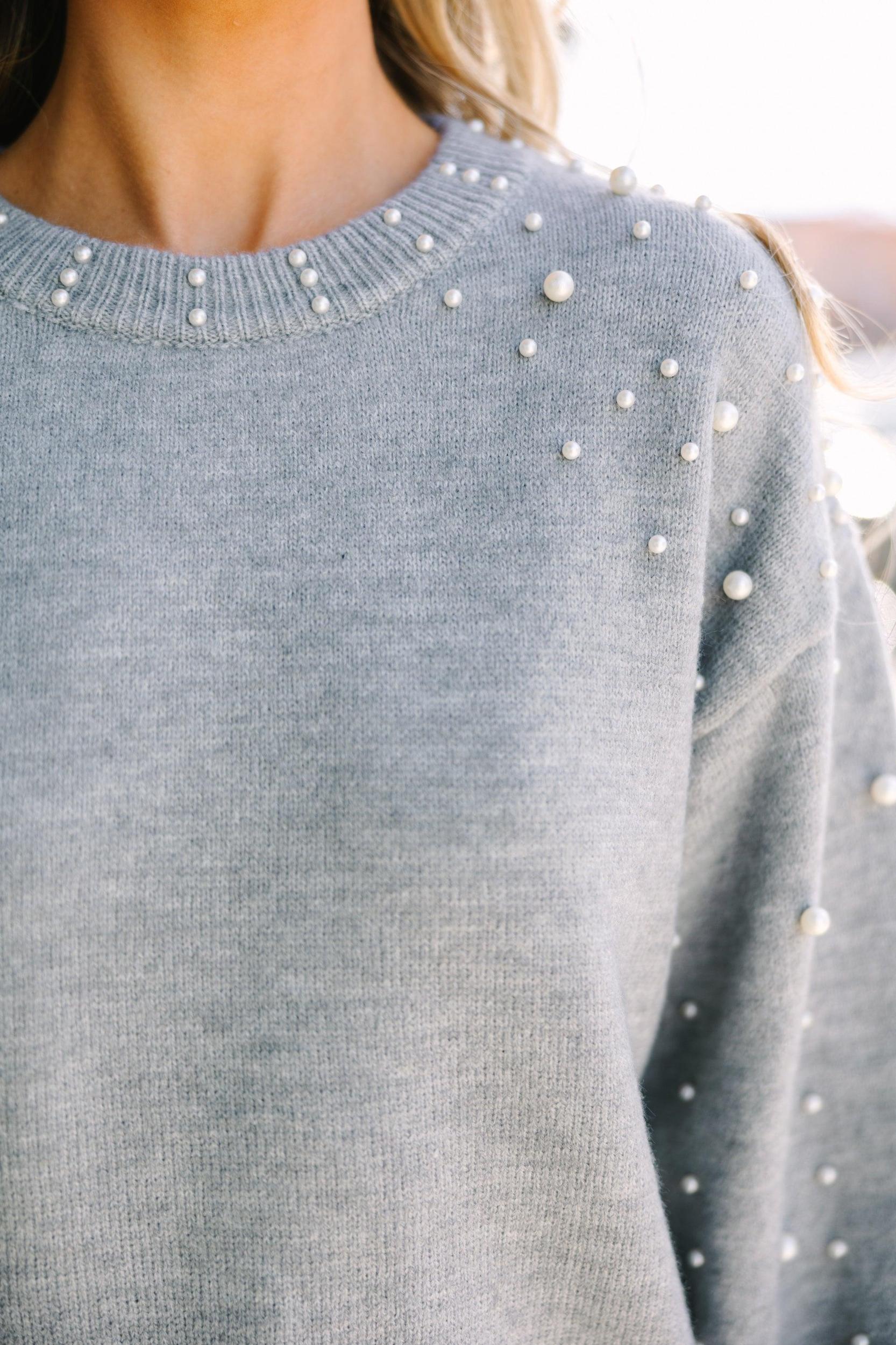 Can't Help But Love Dark Gray Pearl Studded Sweater Female Product Image