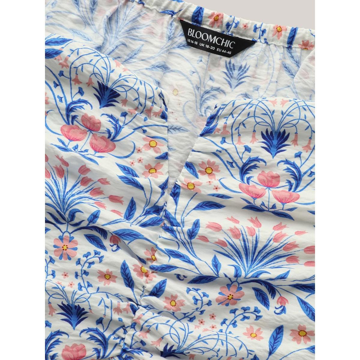 Plus Size Skyblue Floral Print Ruched Bodice Blouse Women Timeless Half Sleeve Notched collar Elegant Blouses BloomChic 26/4X Product Image