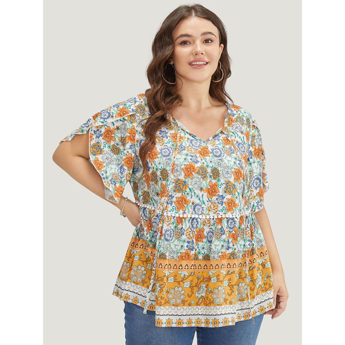Plus Size Gold Bandana Print Petal Sleeve Tie Neck Pompom Trim Blouse Women Vacation Short sleeve Tie Neck Dailywear Blouses BloomChic 14-16/1X Product Image