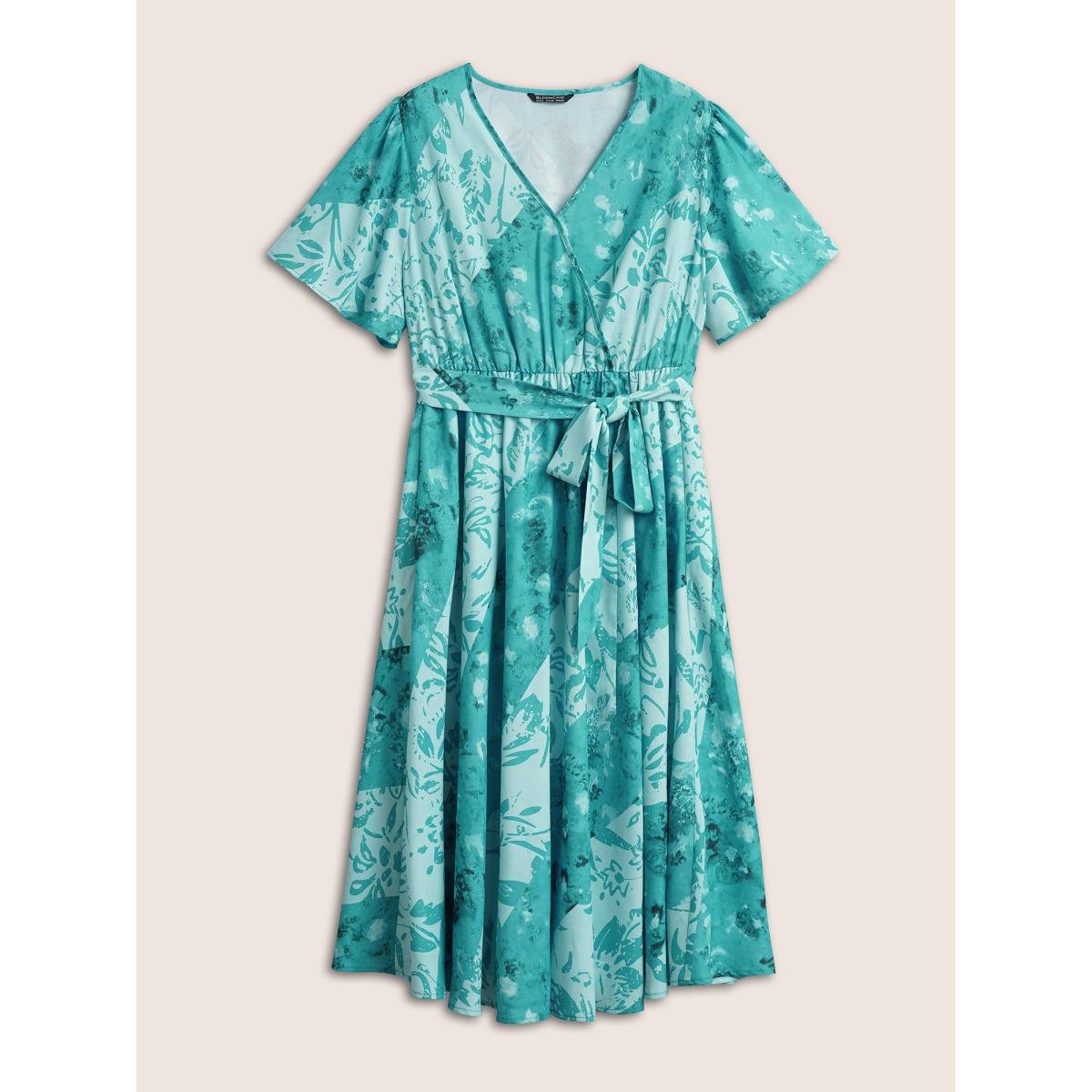 Plus Size Graphic Elastic Waist Belted Wrap Dress Turquoise Women Resort Non Overlap Collar Short sleeve Curvy Midi Dress BloomChic 14-16/1X Product Image