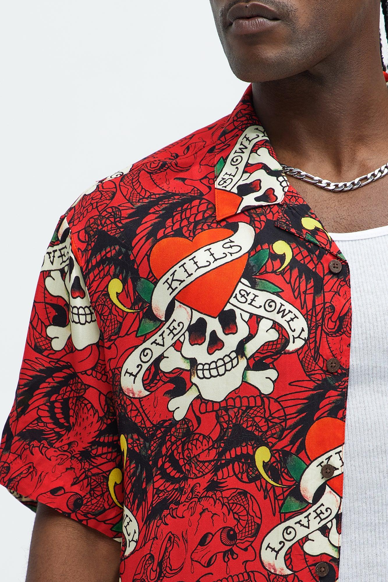 Ed Hardy Regular Fit All Over Print Button Up Shirt - Red Product Image