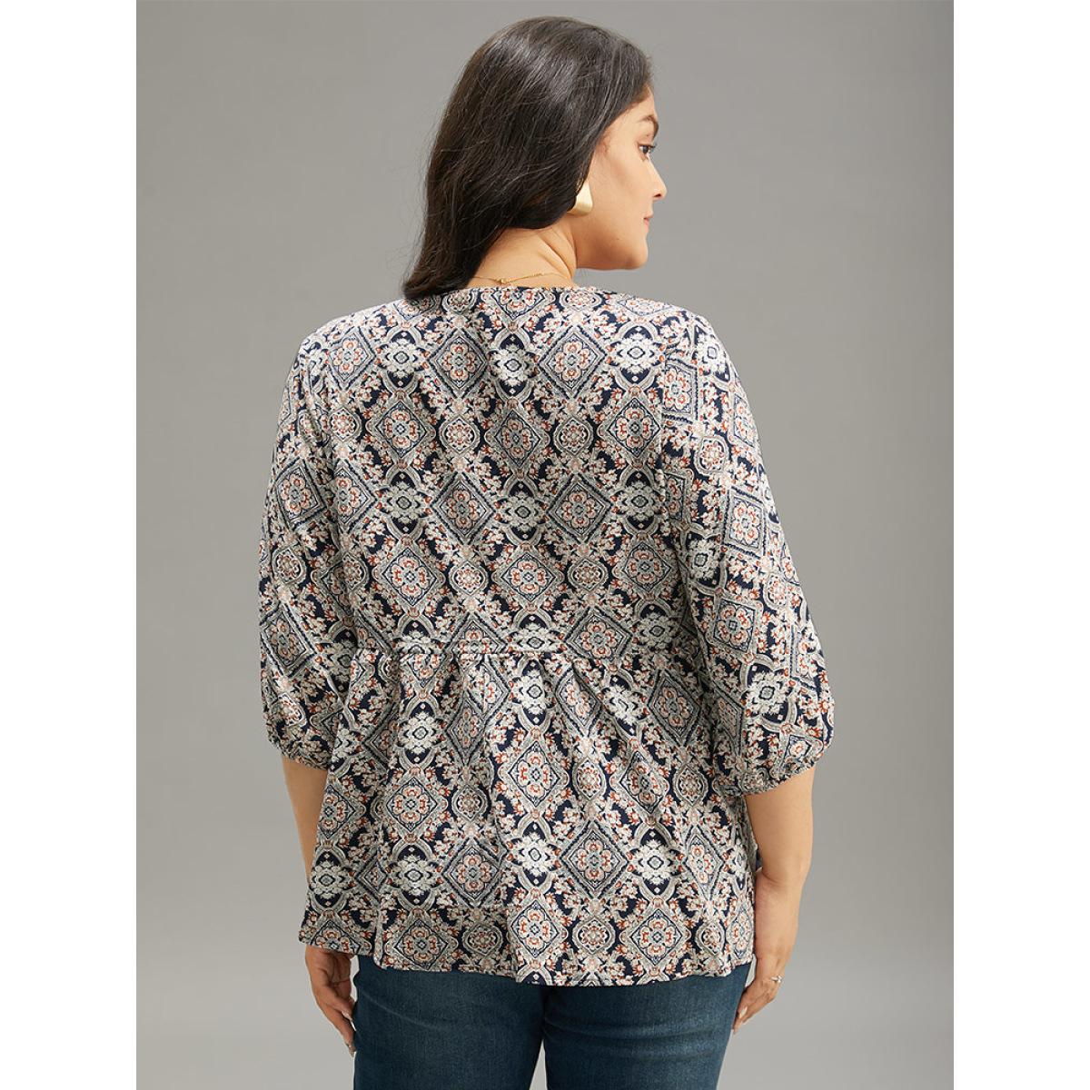 Plus Size Indigo Moroccan Print Tassels Ties Elastic Cuffs Blouse Women Resort Elbow-length sleeve Tie Neck Vacation Blouses BloomChic 14-16/1X Product Image